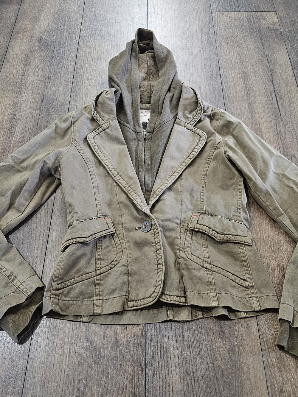 Nick & Mo Vintage Rags 100% Cotton Layered Green Hooded Blazer Jacket Size S